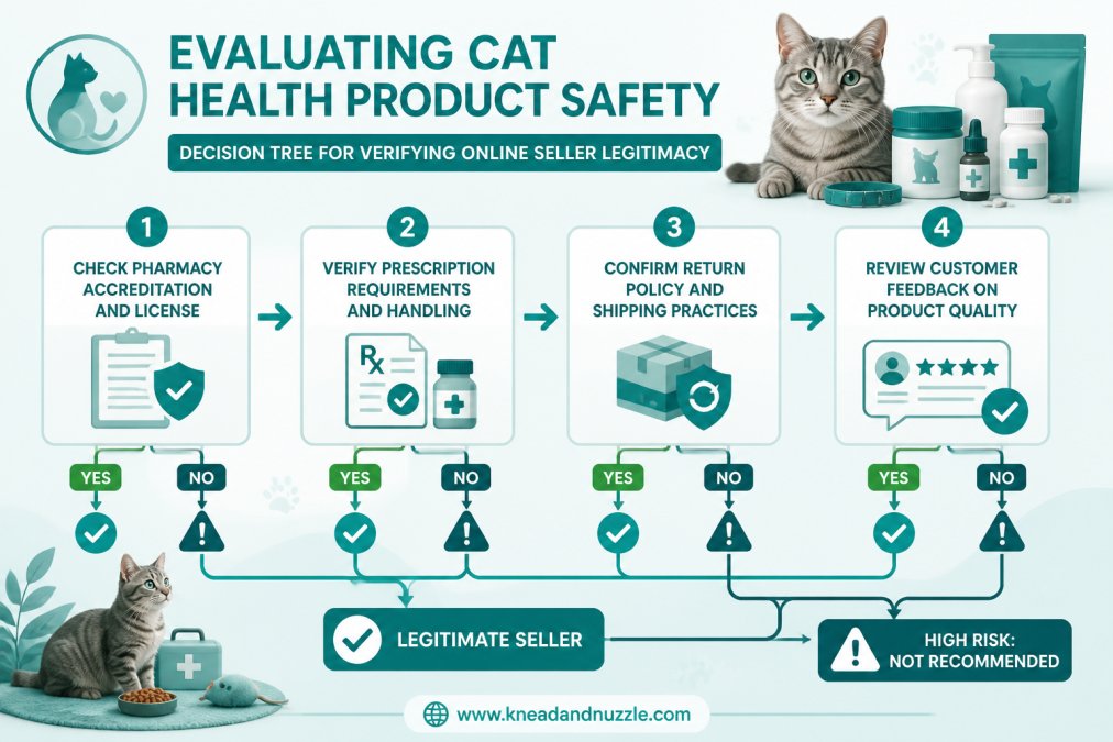 Four-step flowchart for verifying seller legitimacy when buying cat health supplies online
