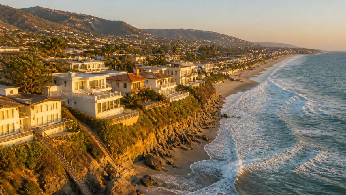 Aerial view of a stunning coastal California beach town with oceanfront homes, sandy beaches, and ocean waves during golden hour, showing residential properties perched on bluffs overlooking the Pacific