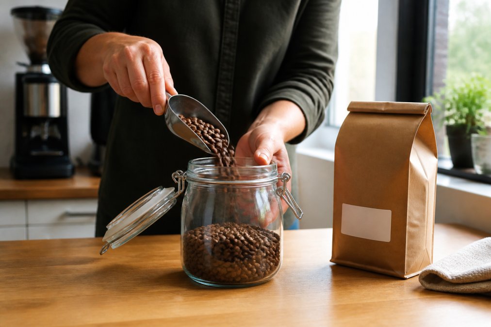 Hands placing freshly roasted coffee beans into a glass airtight container on a kitchen counter, with a roast date label visible on the original coffee bag nearby, natural afternoon light streaming through a window
