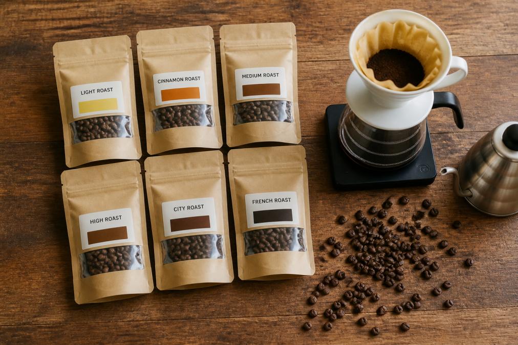 Flat lay of six small coffee sample bags with different roast profiles arranged on a wooden surface, showing labels with roast levels, alongside a pour-over dripper setup and fresh whole beans scattered nearby