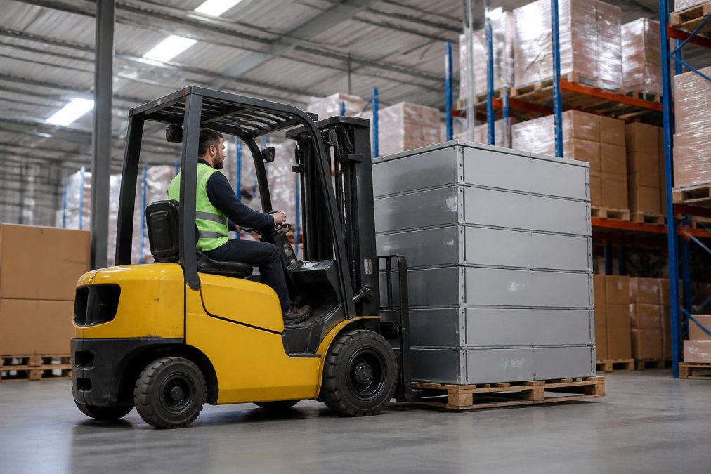 A warehouse worker in a high-visibility safety vest operating a forklift to move a pallet loaded with boxed steel access doors in a large distribution center