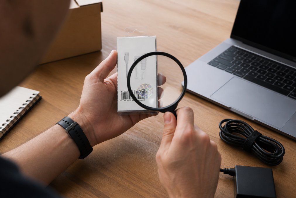 Hands using a magnifying glass to inspect serial numbers and seals on computer accessories online packaging