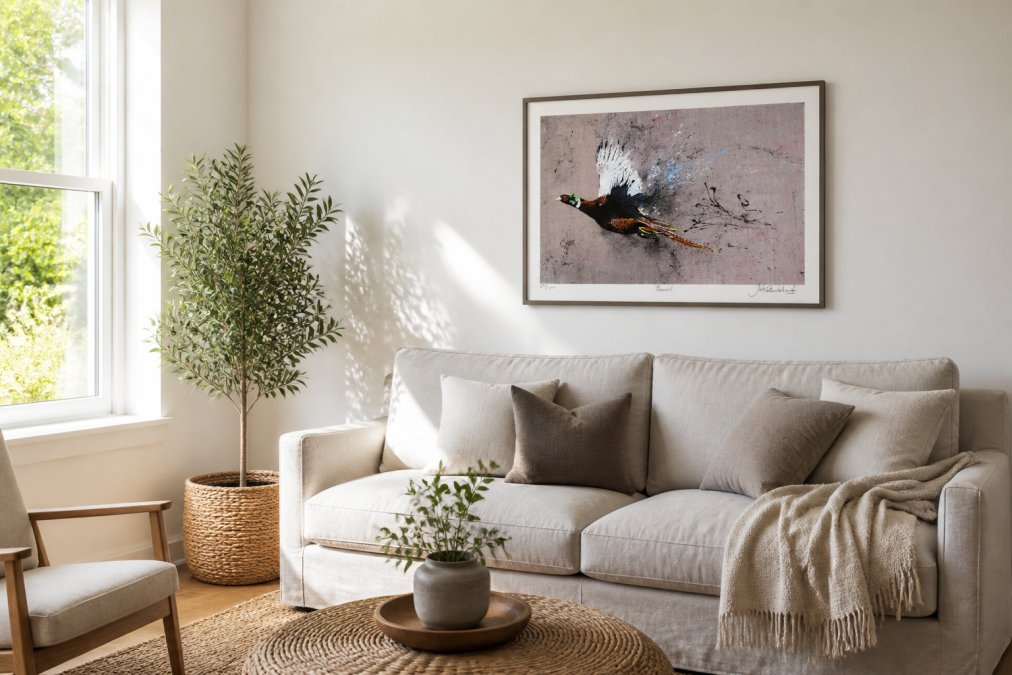 A bright, contemporary living room with neutral walls featuring a colourful bird print in a slim frame above a linen sofa, with a potted plant and natural woven textures nearby, showing how wildlife art integrates into a modern interior with afternoon light coming through large windows