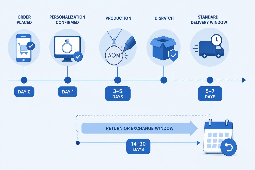 Timeline infographic showing the typical process from order placement and personalization to production, shipping, and