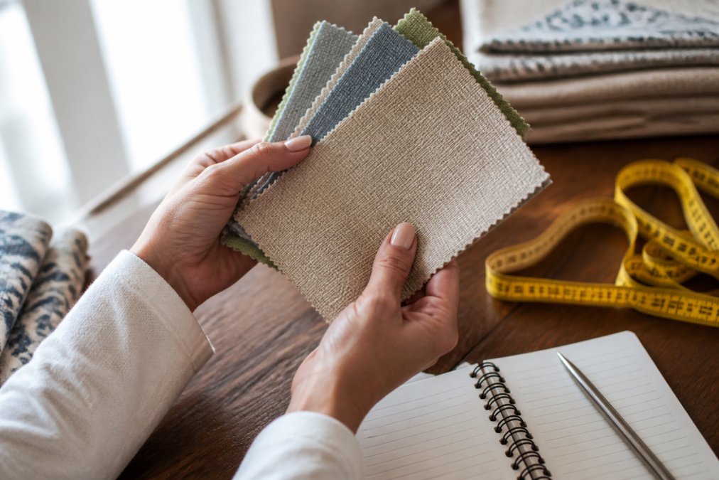 Hands holding designer fabric swatches with a tape measure to compare color and texture before ordering online.
