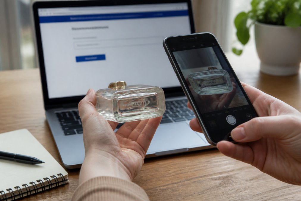 Process for verifying authenticity when buying designer fragrances by scanning a bottle batch code