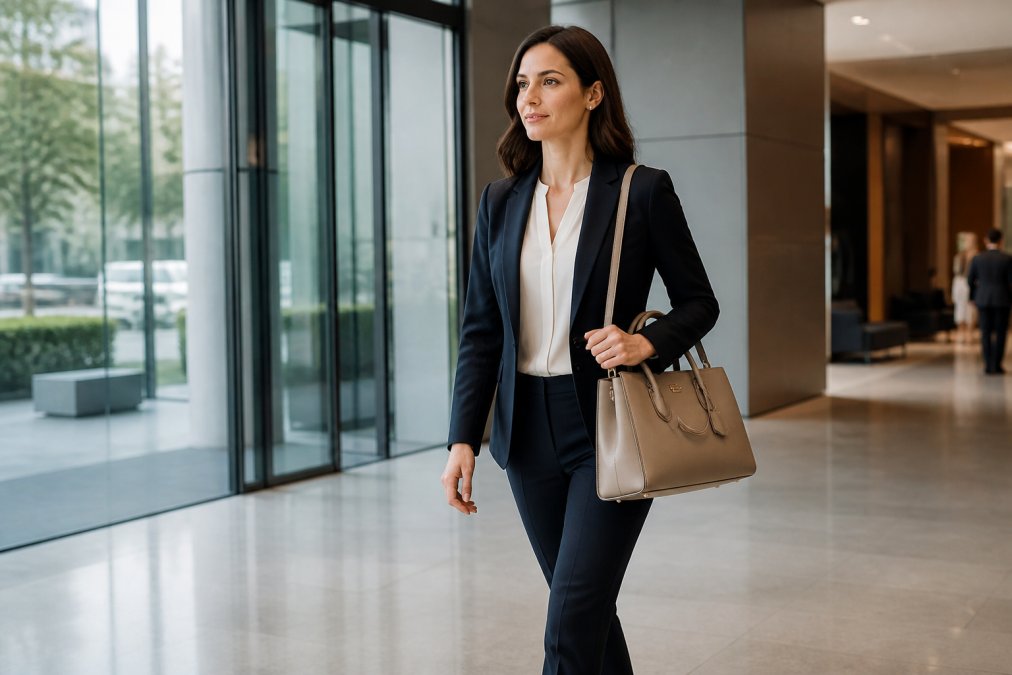Professional woman in tailored business suit carrying a structured leather handbag in neutral tone, walking through a modern office building lobby with natural light from floor-to-ceiling windows