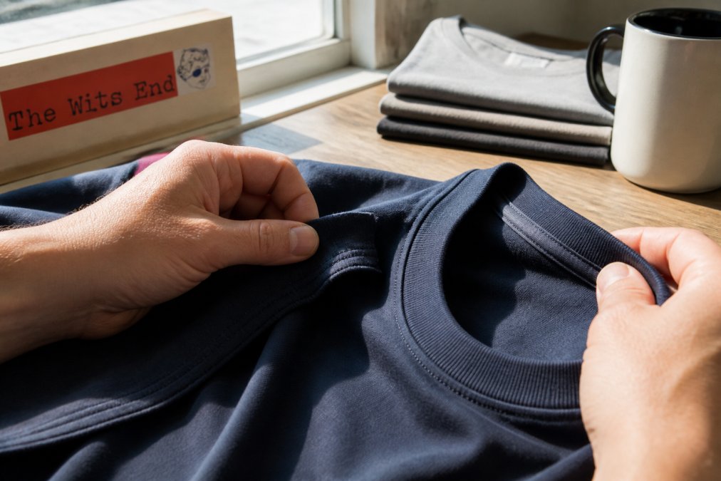 Close-up of hands examining the stitched hem and taped neckline of a cotton t-shirt on a wooden table under natural window light