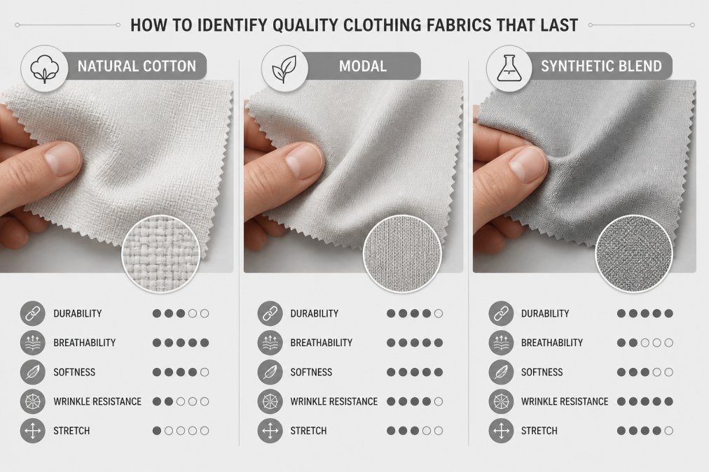 Close-up of hands examining different fabric swatches and textures, showing natural cotton, modal, and synthetic blend materials side by side on a neutral background