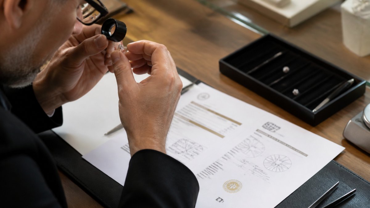 Jeweler examining a loose diamond with a magnifying loupe next to a GIA grading certificate on a workbench