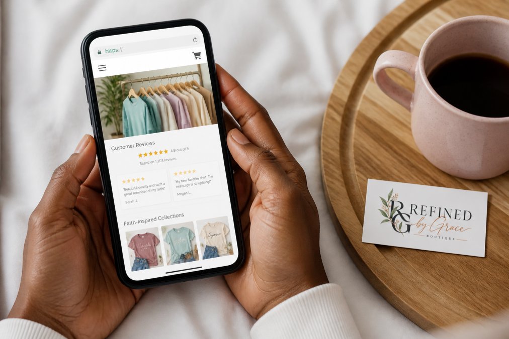 Close-up of a smartphone screen showing a faith-based clothing website with visible SSL lock icon in the address bar, customer reviews section, and vibrant product images displayed clearly