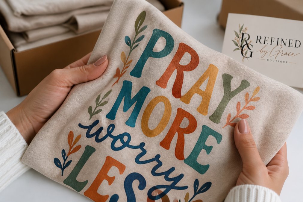 Hands holding a vibrant Christian apparel item, showing the soft fabric texture and detailed screen-printed design with bold, colorful letters and intricate details clearly visible