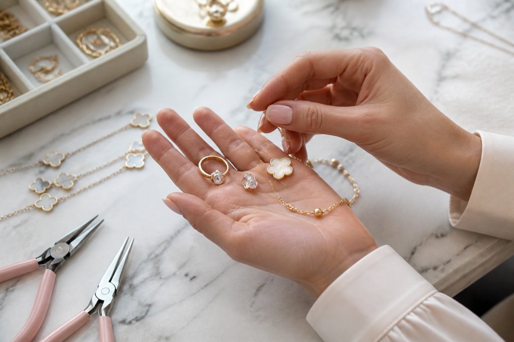 Close-up of a woman's hands holding several pieces of fashion jewelry, a ring, stud earrings, and a necklace, examining them carefully on a white marble surface in natural daylight