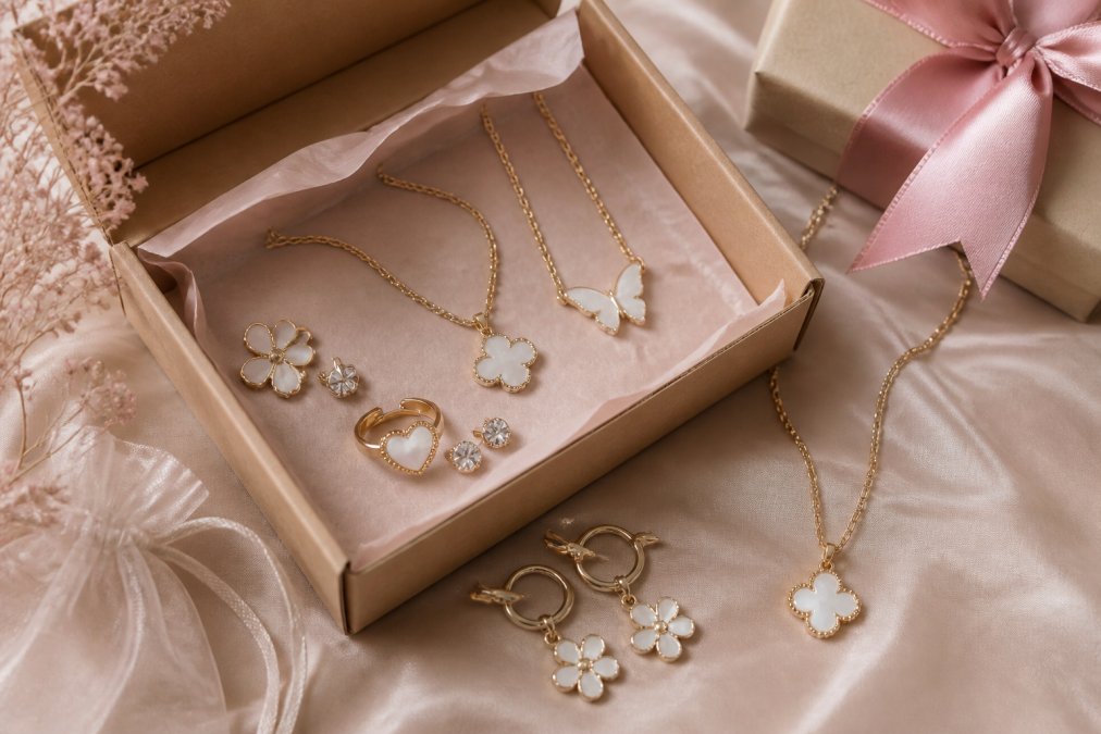 Flat lay of an open jewelry mystery box with several elegant pieces, rings, earrings, and a necklace, arranged on a soft neutral fabric background with delicate gift wrapping nearby