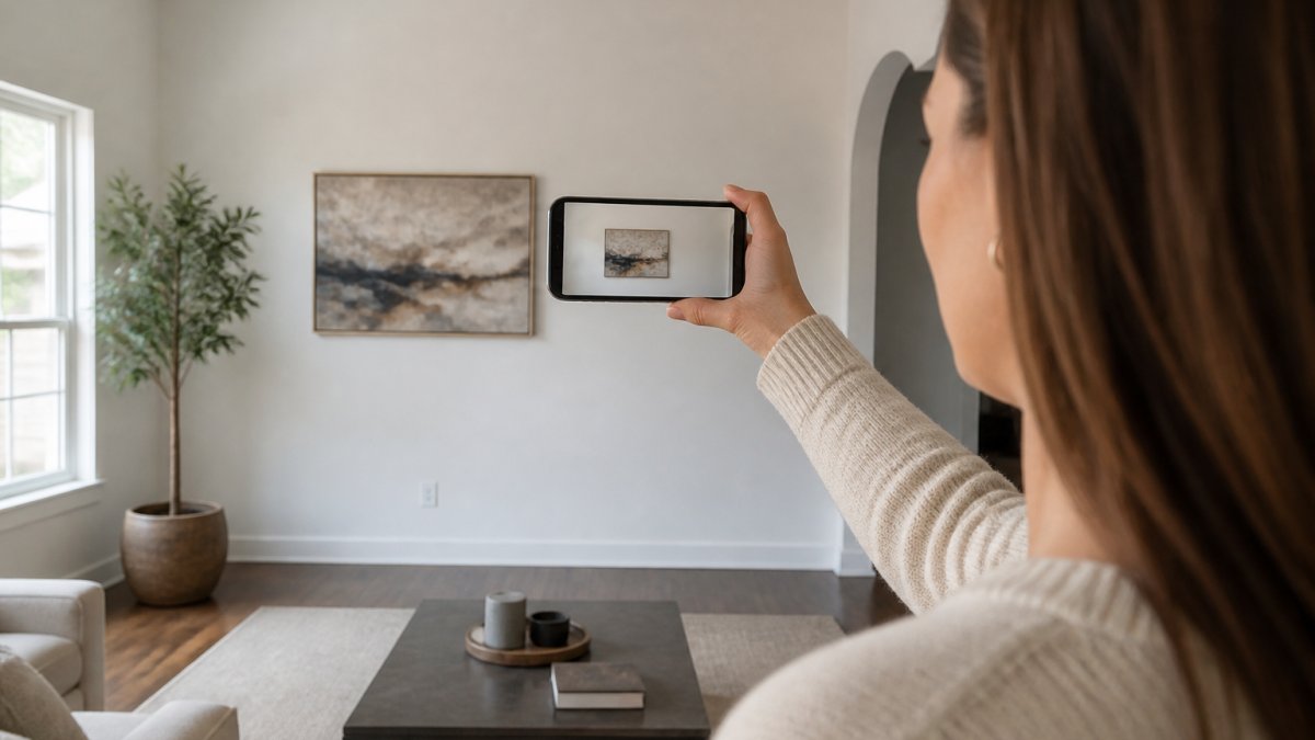 Smartphone screen showing an augmented reality preview of a painting on a wall to assist when buying fine art