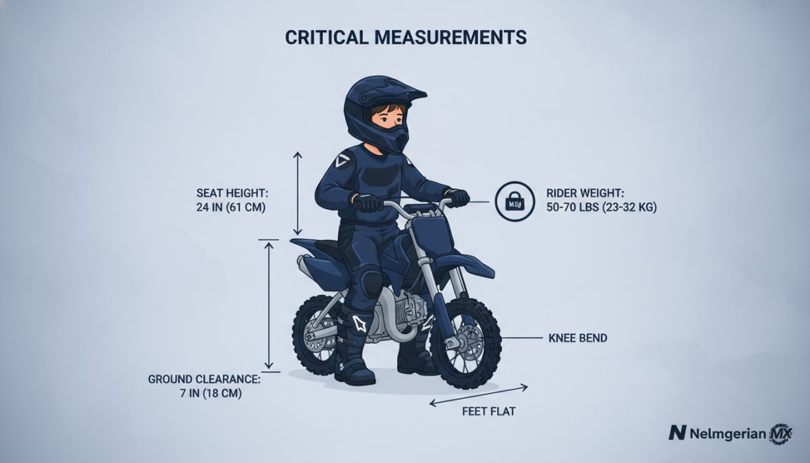 Young child sitting on a small dirt bike, demonstrating proper seat height with toes touching the ground and slight knee bend, wearing protective gear in a sunny outdoor setting