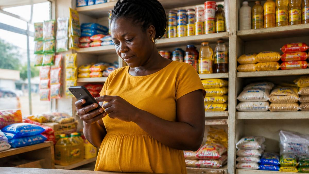 Small shop owner in Accra using smartphone to browse and order FMCG products, with shelves of packaged goods visible behind her, natural daylight streaming through shop window
