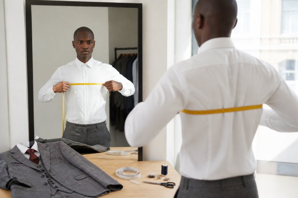 Man measuring his own chest with a soft measuring tape, standing in front of a mirror wearing a fitted white shirt, natural daylight from window behind him