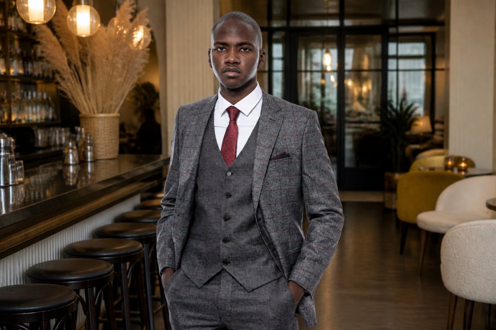 Well-dressed man in a burgundy three-piece suit with matching waistcoat, crisp white dress shirt, and burgundy pocket square, standing confidently in a modern venue with warm lighting