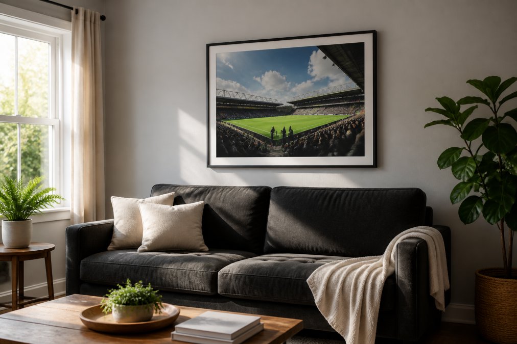 Framed football stadium print hanging on a light gray living room wall above a dark sofa, positioned at eye level with natural daylight streaming from a nearby window, showing proper spacing from furniture