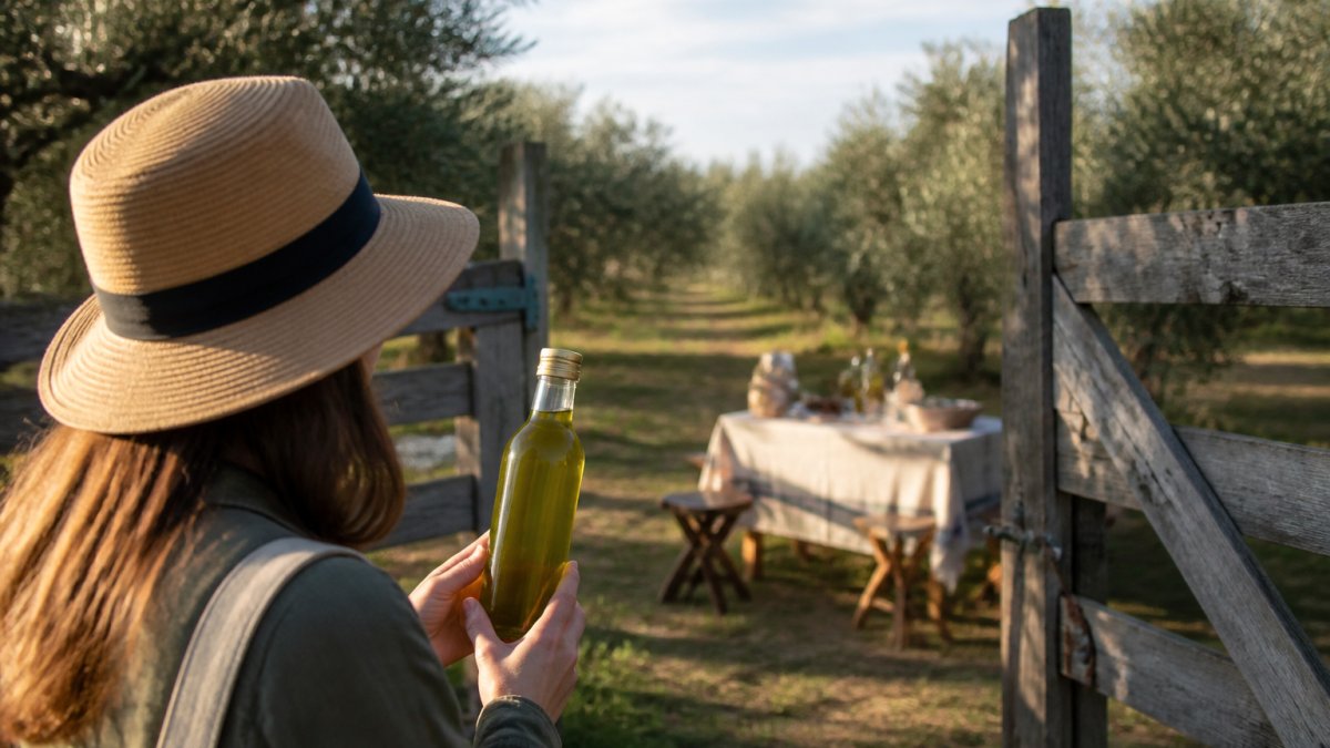 A visitor at an olive grove farm gate holding a freshly filled bottle of green olive oil, with rows of olive trees and a rustic tasting table in the background under warm afternoon light