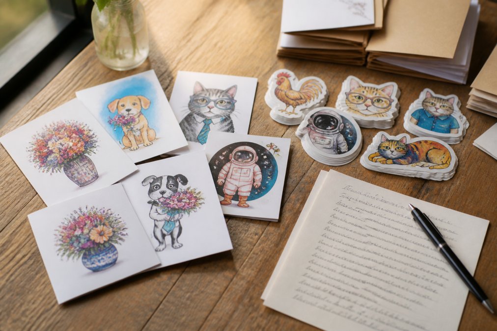 Close-up of colorful hand-painted greeting cards and vinyl stickers spread across a warm wooden desk, with a handwritten note resting beside them in soft natural window light