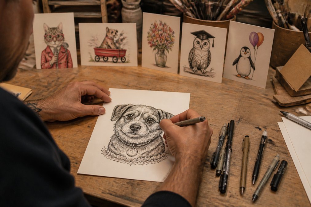 An artist's hands carefully sketching a detailed portrait illustration on Bristol paper with fine ink pens, surrounded by completed artwork samples in warm studio lighting