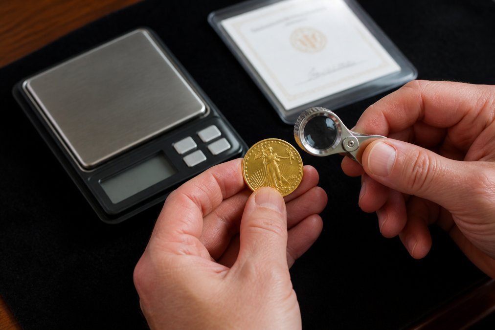 Close-up of hands holding a magnifying loupe over a gold bullion coin on a dark felt surface, with a small precision scale and assay certificate visible nearby