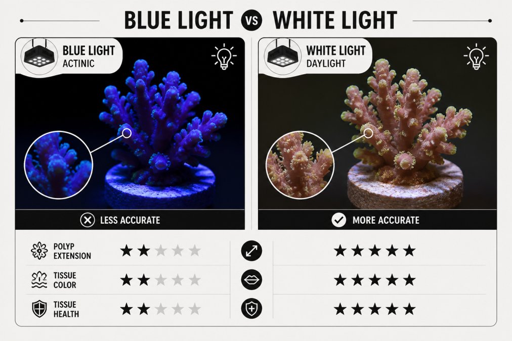 Side-by-side comparison of a coral frag under blue actinic light and white light, highlighting how polyp extension and tissue health are more accurately assessed under white light