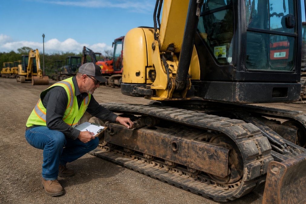 A contractor in work clothes and safety vest inspecting a used mini excavator at an outdoor auction yard, clipboard in hand, checking the undercarriage and tracks in daylight