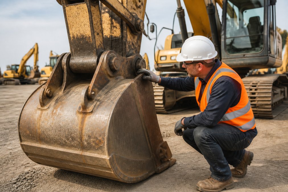Professional contractor in safety vest and hard hat closely inspecting an excavator's bucket and boom for wear, rust, and damage at a construction yard on a clear morning