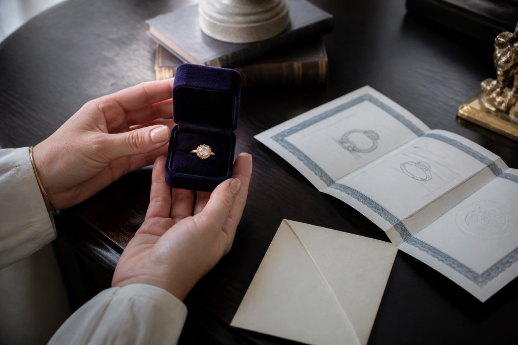 A woman's hands holding an open velvet jewelry box containing a gold ring, with a folded appraisal certificate and a small envelope visible on a dark wooden desk beside it