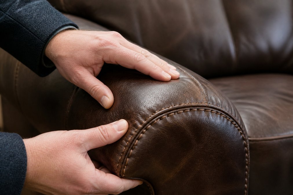 Close-up of hands examining premium leather upholstery texture and stitching detail on a luxury sofa, showing natural grain variation and hand-stitched seams in natural light