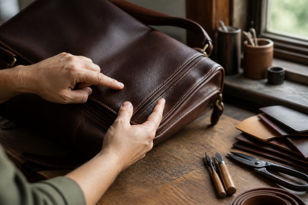 Close-up of hands examining leather texture and grain patterns on a premium leather shoulder bag, fingers tracing the burnished edges and hand-stitched seams under natural window lighting