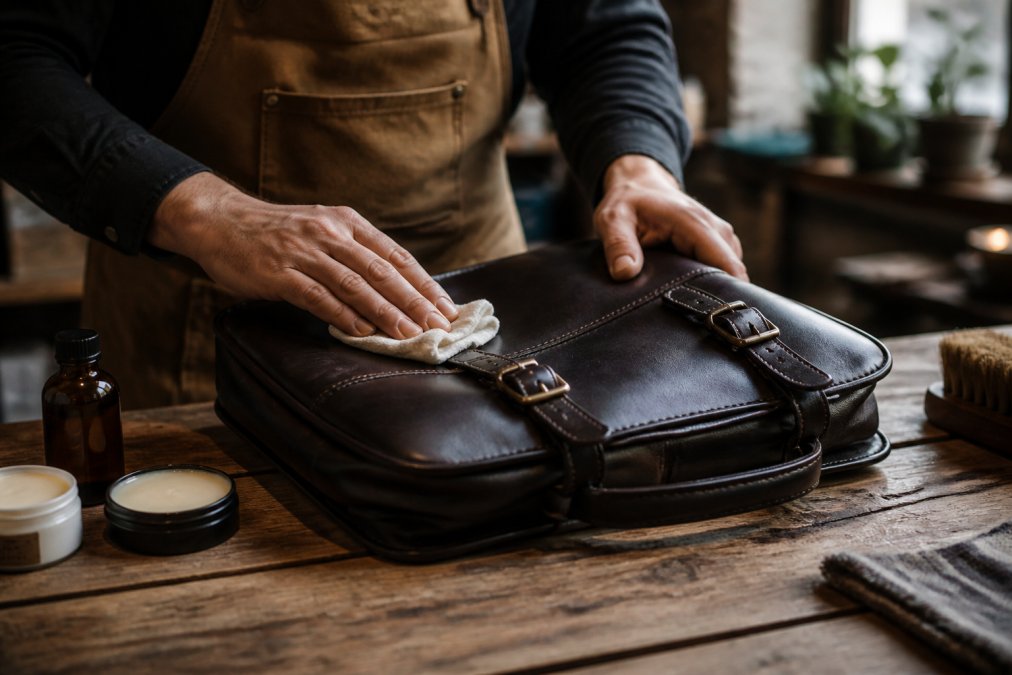 Hands applying leather conditioner with a soft cloth to a premium leather bag on a wooden surface, with conditioning products and materials visible nearby in soft natural lighting