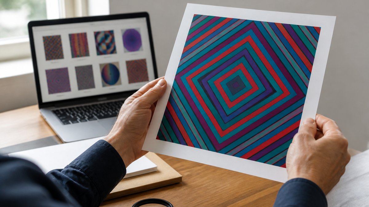 Close-up photograph of a person's hands holding a vibrant geometric optical art print against a neutral wall, laptop open to an online gallery in the background, soft daylight from the left