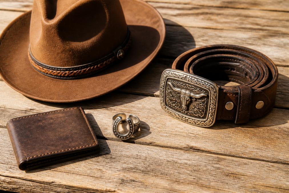 Flat lay arrangement of quality western accessories including a classic cowboy hat, leather belt with ornate buckle, western-style horseshoe ring, and full-grain leather wallet arranged on a rustic weathered wooden surface with natural sunlight