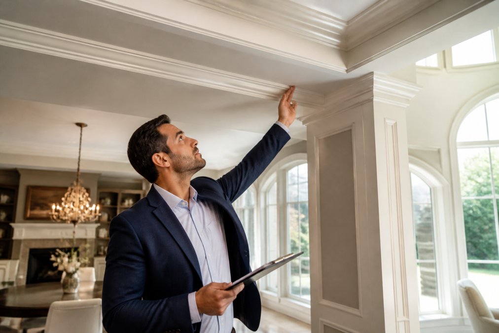 Real estate professional with clipboard conducting detailed structural inspection of luxury home's architectural features, examining crown molding, high ceilings, and custom millwork in bright natural light