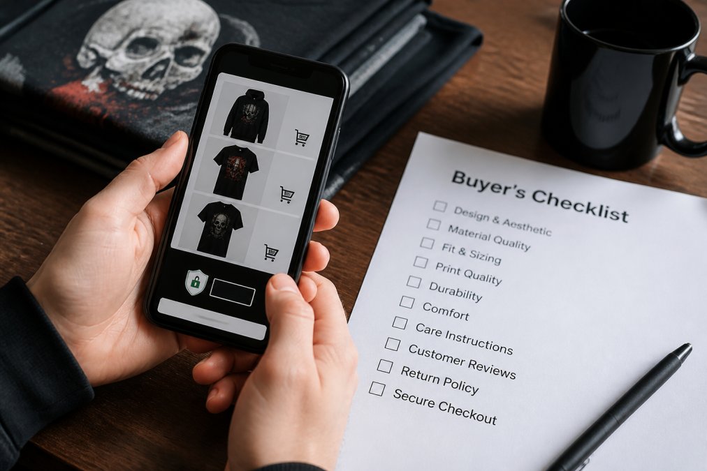 Hands holding a smartphone displaying an online horror apparel store with a secure checkout badge visible, next to a printed checklist on a desk