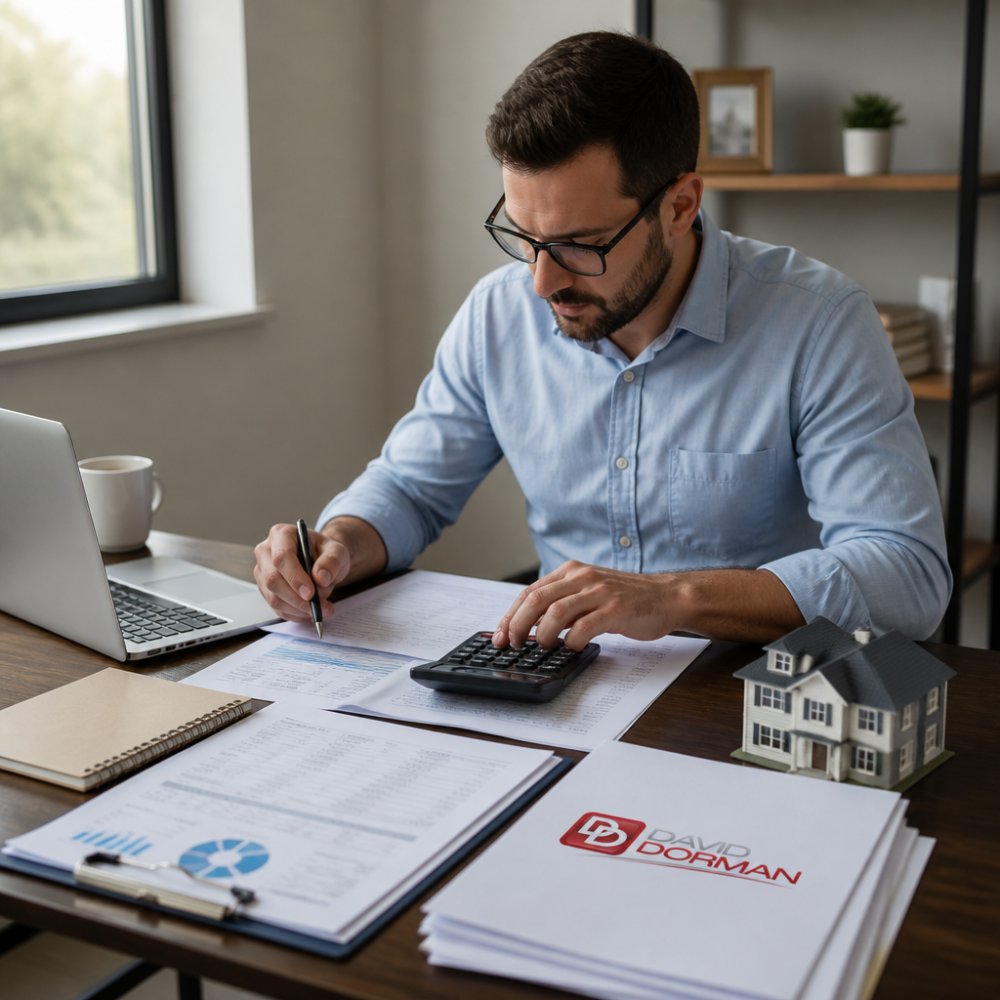 Real estate investor at desk reviewing financial spreadsheets, property documents, and rental analysis with calculator and laptop showing investment metrics