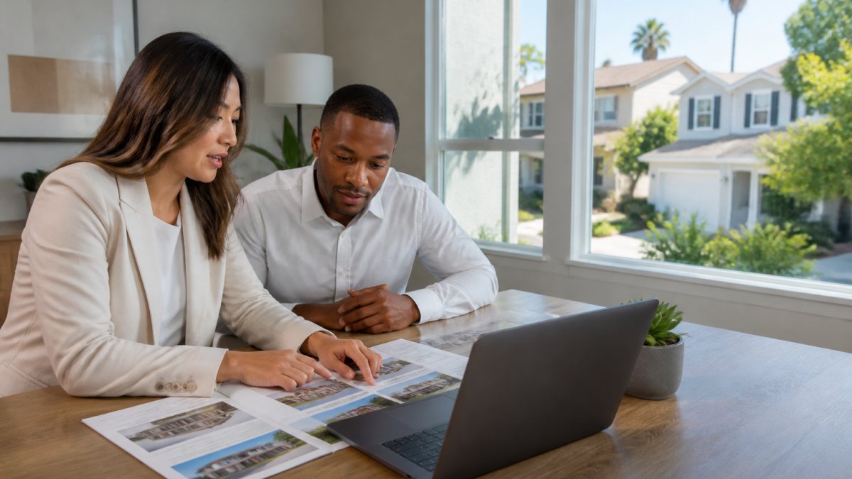 A real estate agent and a client reviewing property listings and a laptop on a table in a bright South Bay home office, with neighborhood homes visible through the window