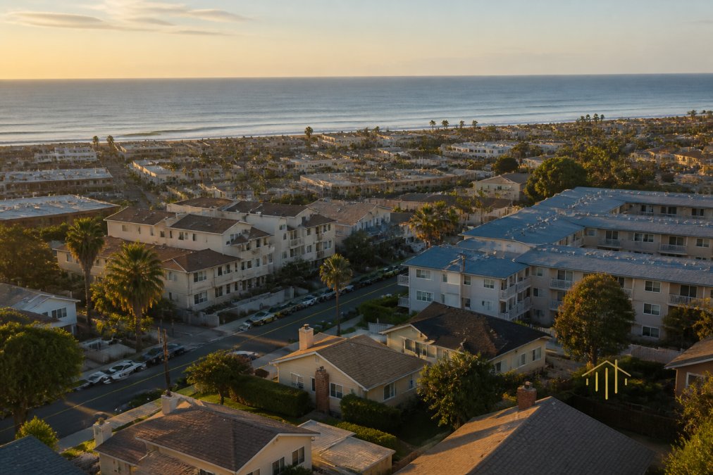 Aerial view of a coastal Ventura County neighborhood with a mix of single-family homes and multi-family apartment buildings, with the Pacific Ocean in the background during late afternoon light