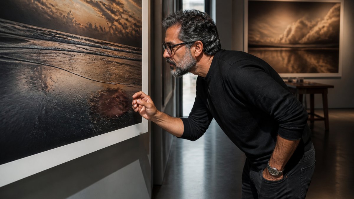 Collector examining a large-scale fine art photograph on a gallery wall, studying the detail and color accuracy up close with natural daylight