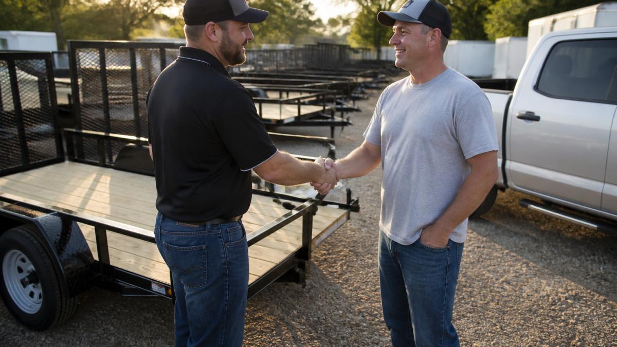A customer shaking hands with a salesperson in front of a row of new utility trailers at a local dealership lot, late afternoon sunlight, gravel lot, pickup truck parked nearby