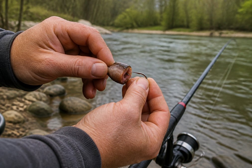 Close-up of an angler's hands threading a firm piece of shelf-stable cut bait onto a large circle hook, with a rod and riverbank blurred in the background