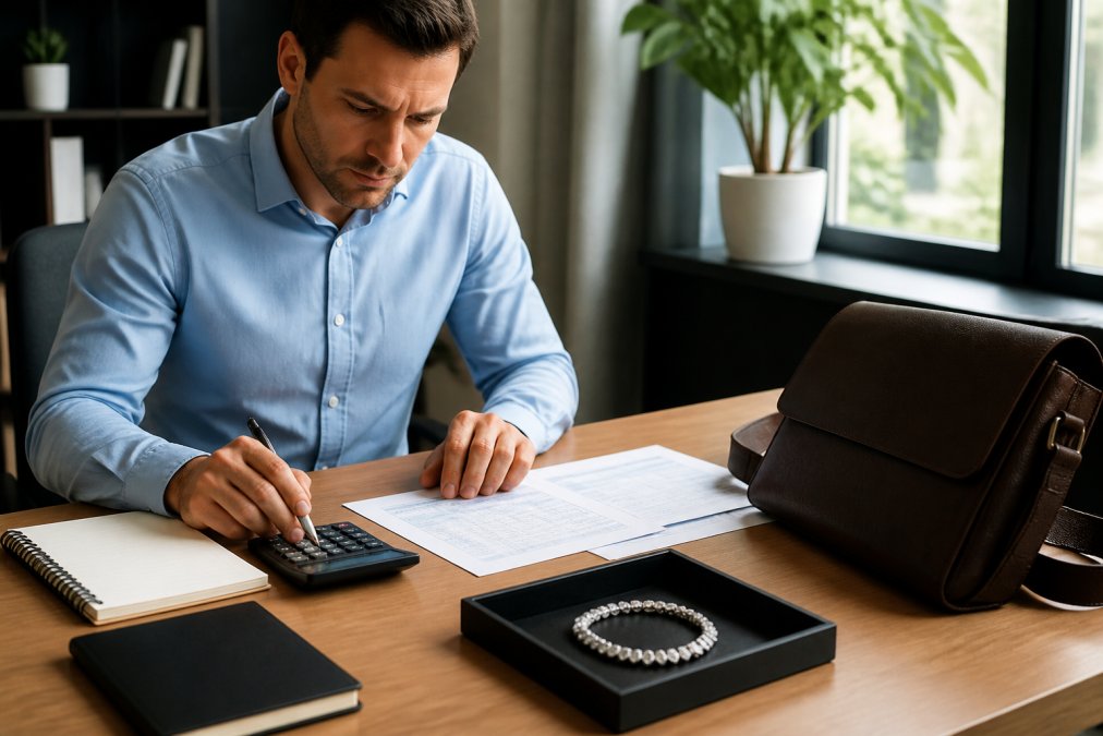 Person reviewing a detailed budget spreadsheet on a laptop with luxury items like a diamond bracelet and leather messenger bag visible on the desk beside them, natural office lighting