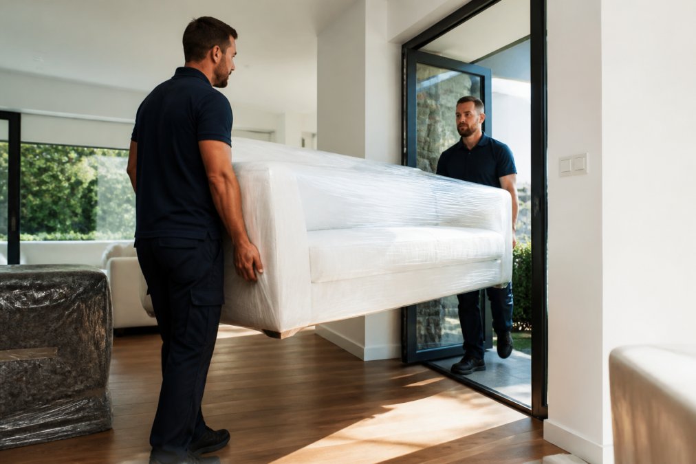 Professional movers in uniform carefully carrying a large wrapped sofa through a bright modern living room doorway, natural daylight streaming through windows
