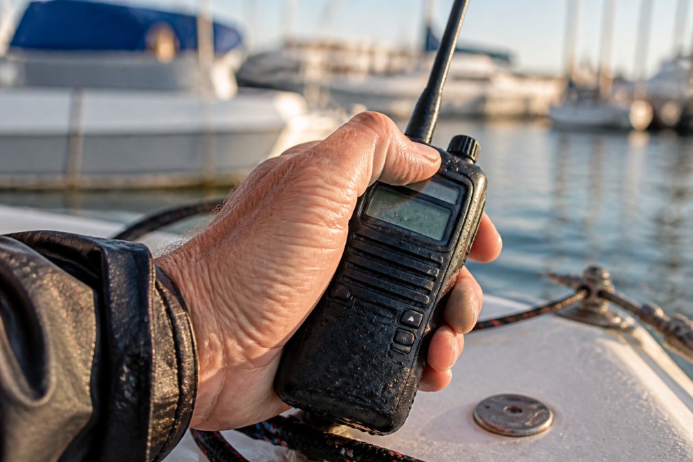 A boat captain's weathered hand holding a floating handheld VHF marine radio on a boat deck, calm harbor water and moored vessels blurred in the background under late afternoon sun