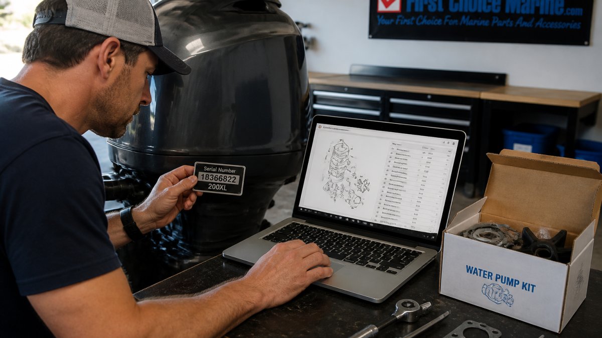 A boat owner in a garage comparing a printed engine serial number plate on an outboard cowling against a parts lookup on a laptop screen, with a water pump kit box and tools on the workbench beside them