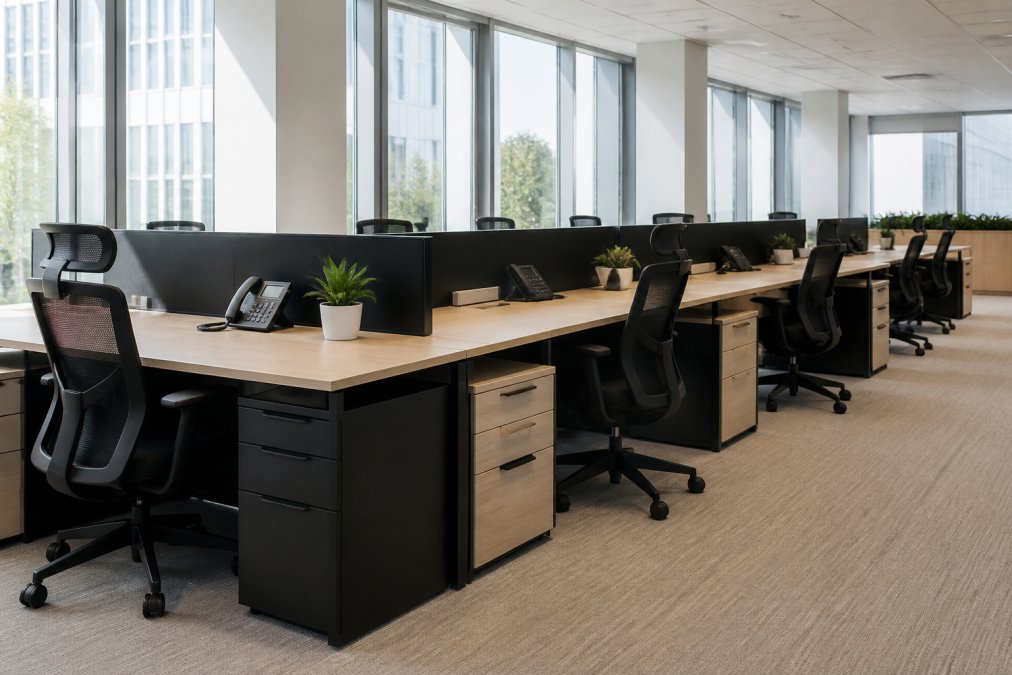 A bright modern open-plan office with a coordinated row of matching light-wood desks, black filing cabinets, and ergonomic chairs under large windows